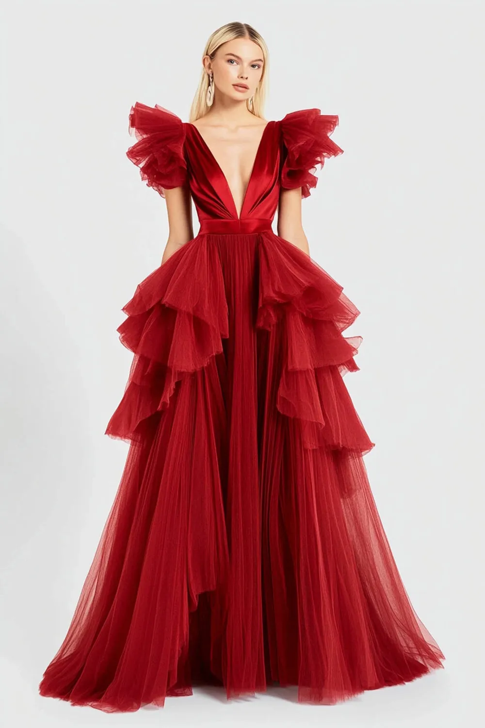 Red A Line Ruffled Flying Sleeves Long Formal Dress sold by Zapaka