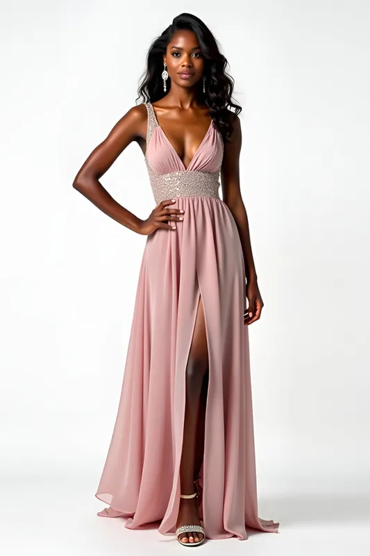 Blush V-Neck Ruched Long Formal Dress with Slit made by Zapaka