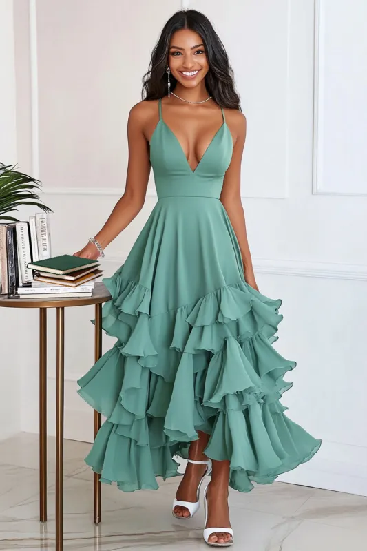 Green A Line Chiffon Spaghetti Straps Long Formal Dress with Ruffles sold by Zapaka