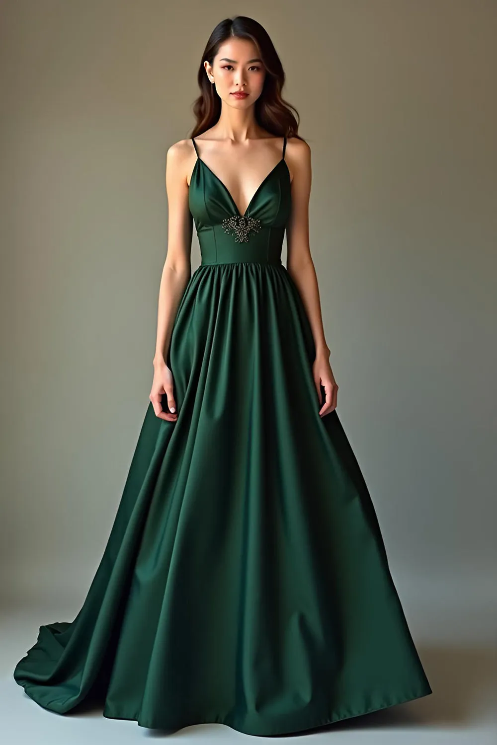 Dark Green A Line Spaghetti Straps Satin Long Formal Dress sold by Zapaka
