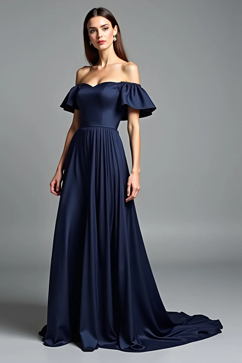 Off the Shoulder Navy Ruched A Line Formal Dress sold by Zapaka