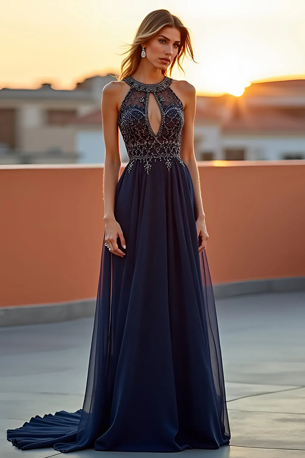Halter Tulle Navy A Line Cut Out Formal Dress with Beading sold by Zapaka