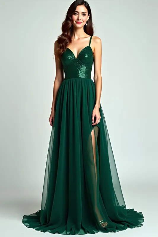 Dark Green Tulle Spaghetti Straps Formal Dress with Sequins sold by Zapaka