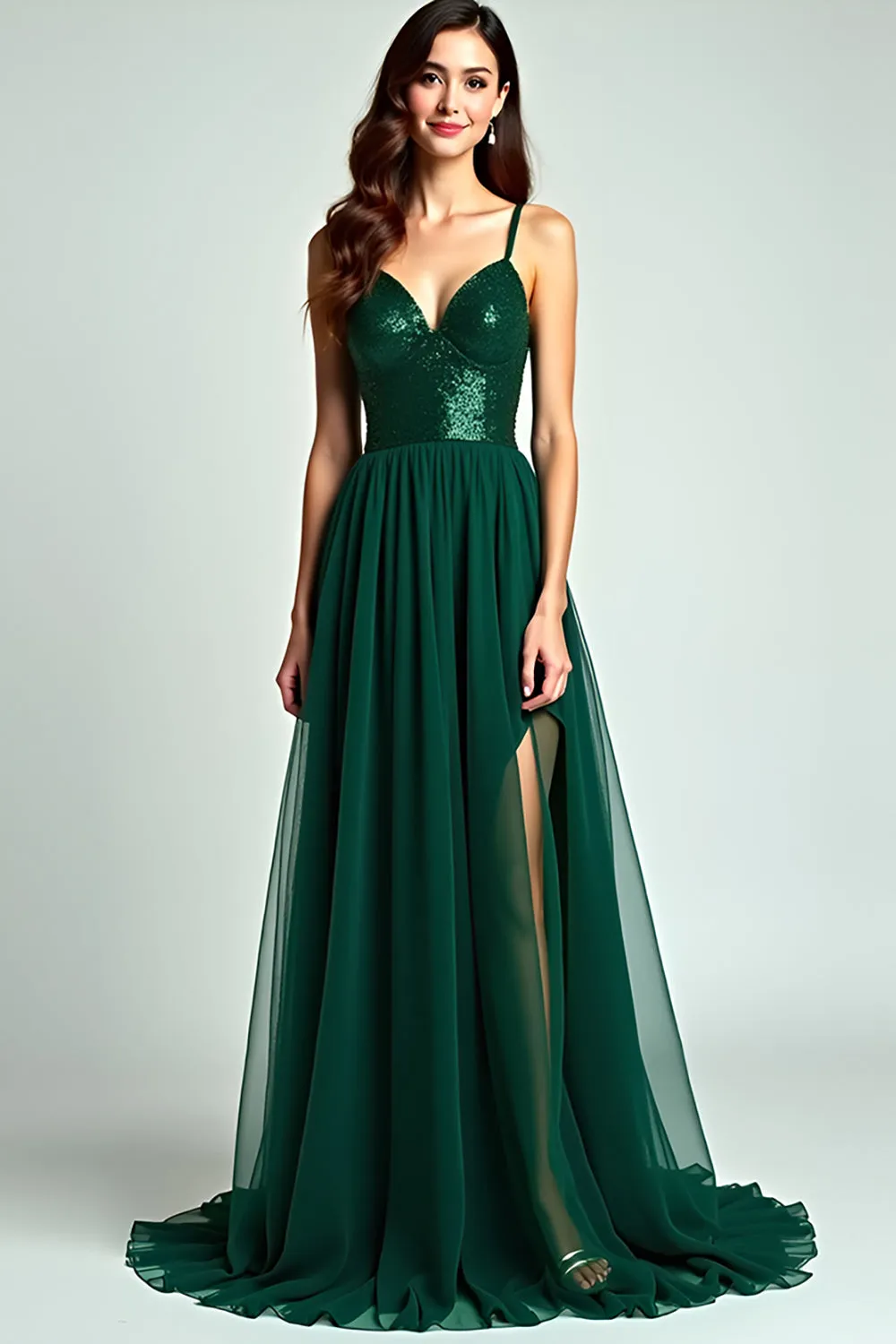 Dark Green Tulle Spaghetti Straps Formal Dress with Sequins sold by Zapaka