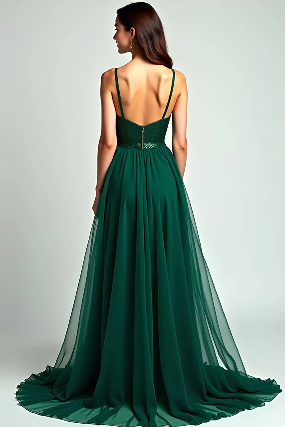 Dark Green Tulle Spaghetti Straps Formal Dress with Sequins sold by Zapaka product image thumbnail 2