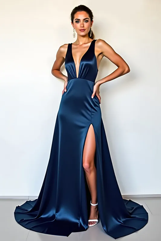Navy Satin Deep V Neck Sheath Formal Dress with Slit made by Zapaka
