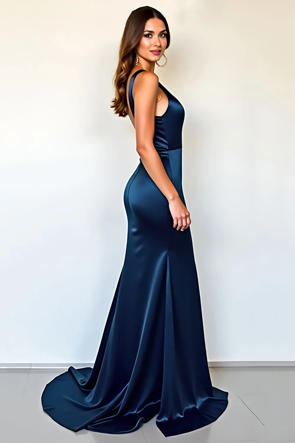 Navy Satin Deep V Neck Sheath Formal Dress with Slit sold by Zapaka product image thumbnail 2