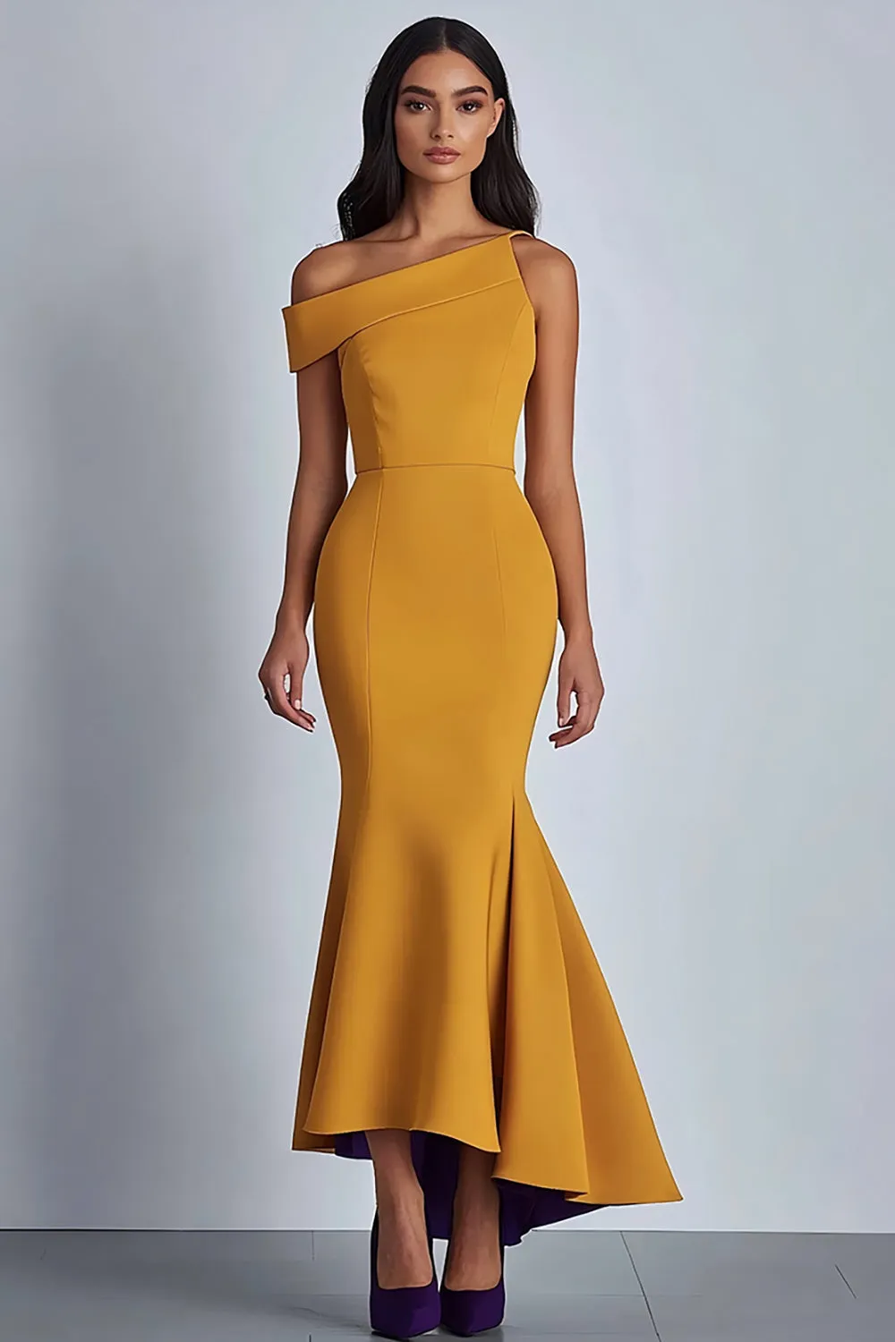 Crepe Yellow One Shoulder Sheath Formal Dress sold by Zapaka