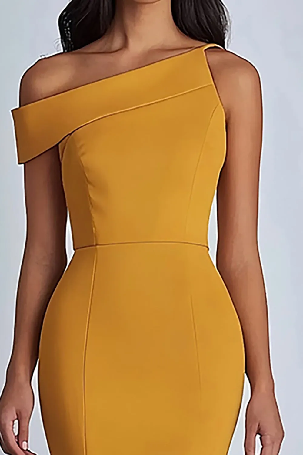 Crepe Yellow One Shoulder Sheath Formal Dress sold by Zapaka product image thumbnail 2