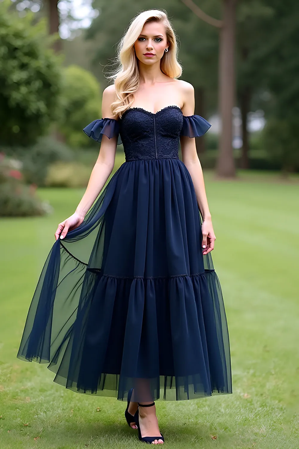 Navy Off the Shoulder A Line Formal Dress sold by Zapaka