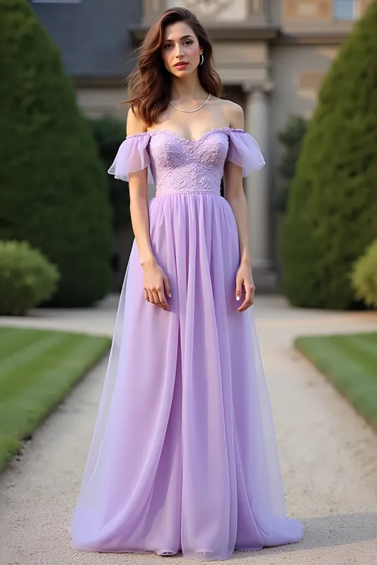 Lilac Lace Organza A Line Off the Shoulder Formal Dress sold by Zapaka