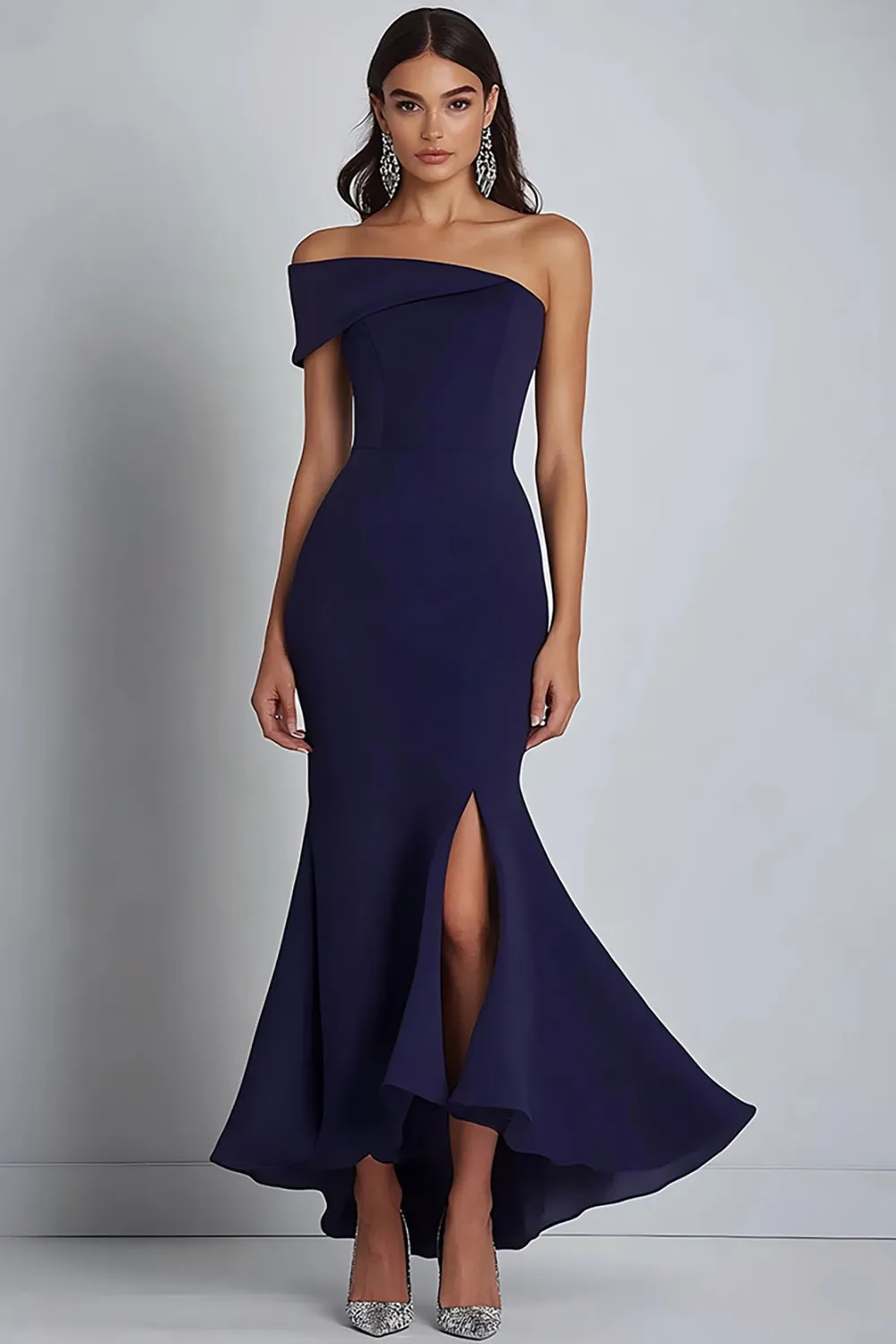 Navy Crepe One Shoulder Sheath Formal Dress with Slit sold by Zapaka