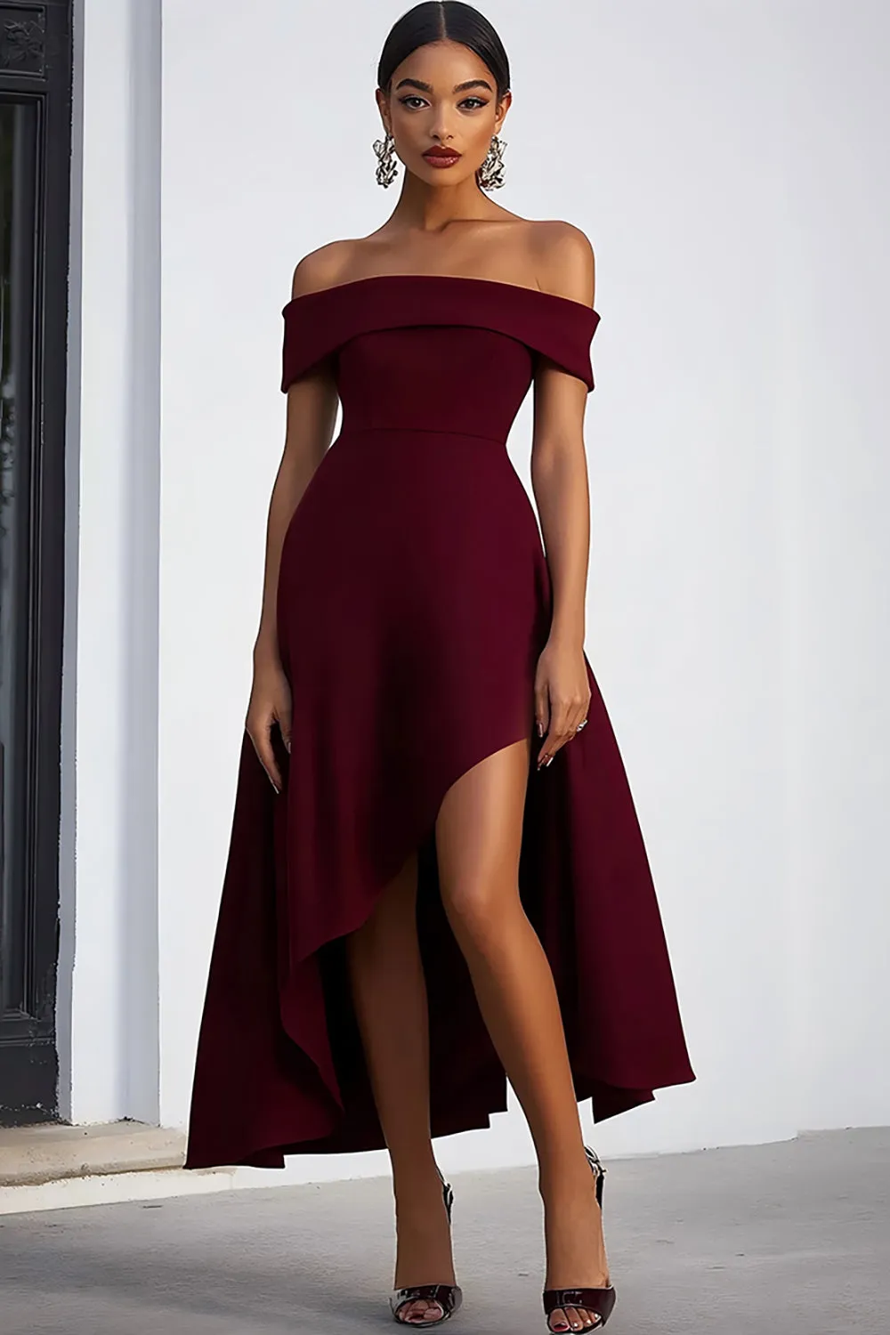 Off the Shoulder Sheath Burgundy Crepe Formal Dress sold by Zapaka