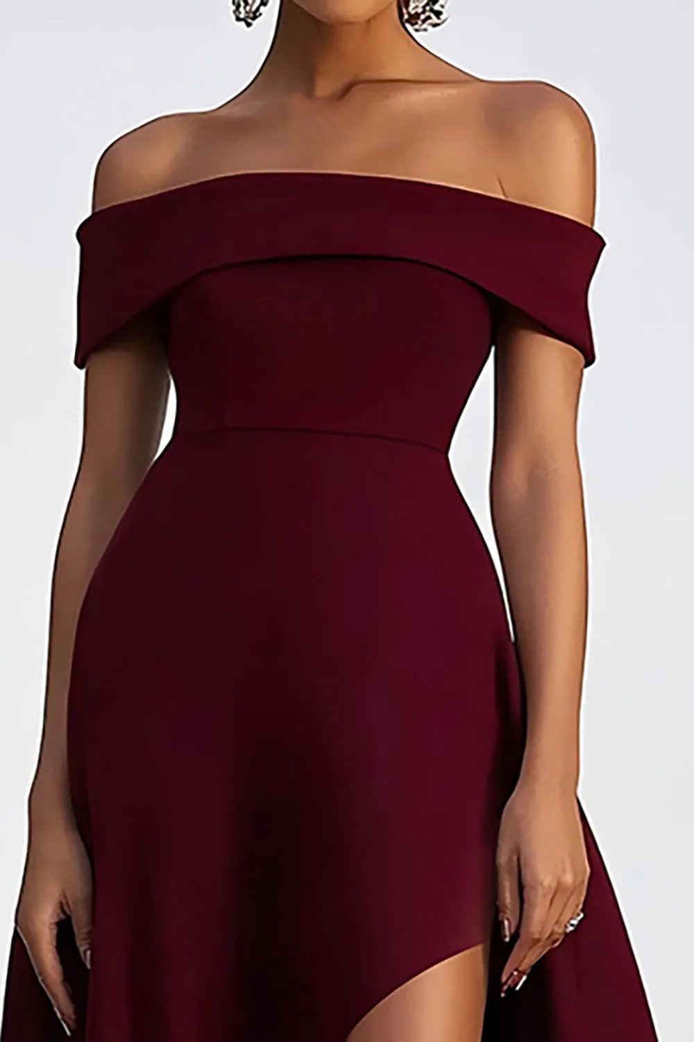 Off the Shoulder Sheath Burgundy Crepe Formal Dress sold by Zapaka product image thumbnail 2