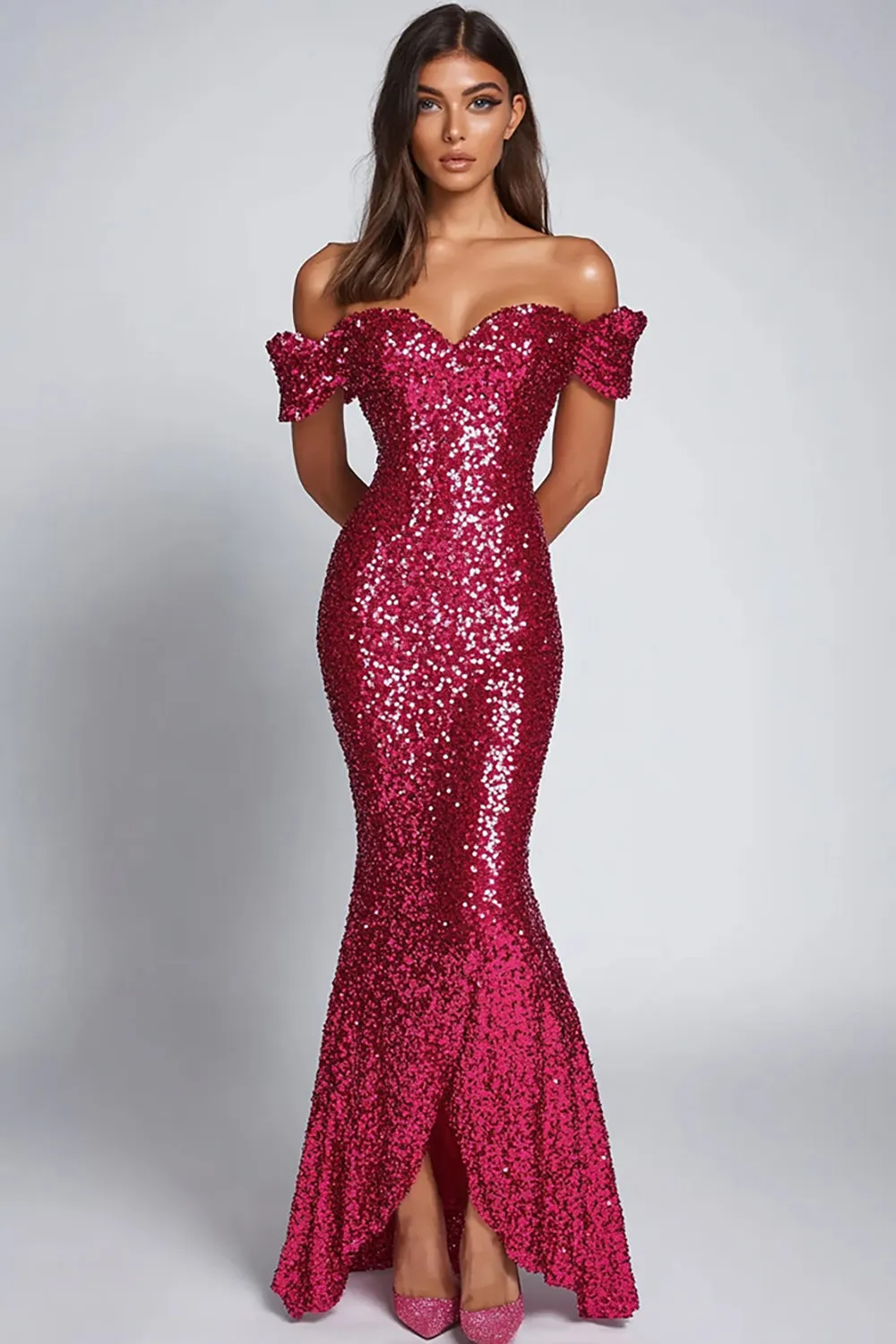Mermaid Fuchsia Sequins Off the Shoulder Formal Dress sold by Zapaka