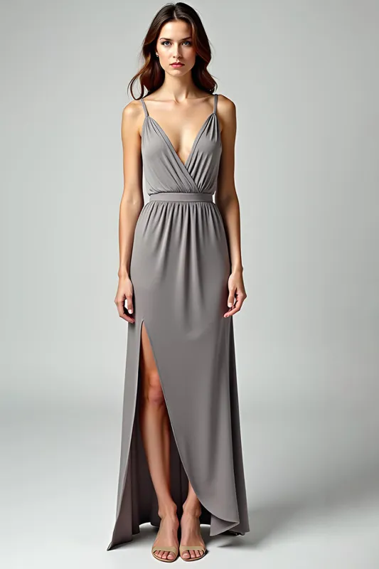 Grey Sheath Spaghetti Straps Wrap Satin Long Formal Dress with Slit sold by Zapaka