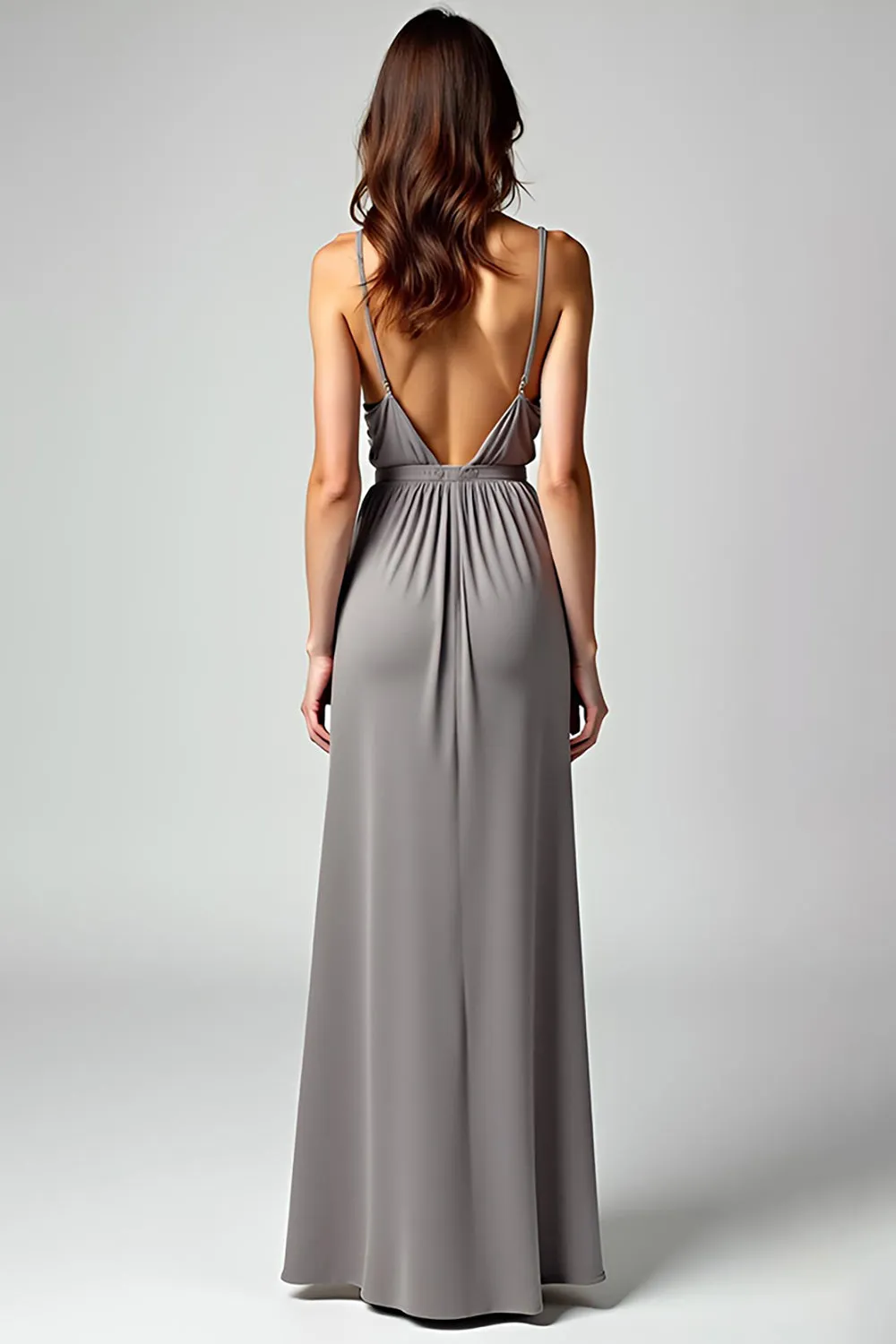 Grey Sheath Spaghetti Straps Wrap Satin Long Formal Dress with Slit sold by Zapaka product image thumbnail 2