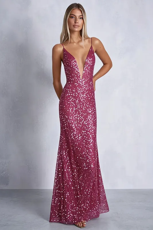 Sparkly Fuchsia Mermaid Spaghetti Straps Sequins Long Formal Dress sold by Zapaka