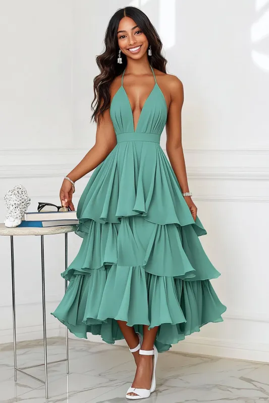 Green A-Line Spaghetti Straps Ruffles Long Formal Dress sold by Zapaka