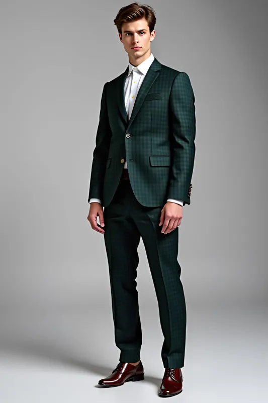 Dark Green Notched Lapel Plaid Long Men's Prom Suits sold by Zapaka