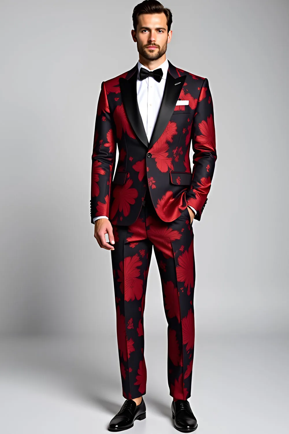 Peak Lapel Dark Red 2 Pieces Floral Printed Men's Suits sold by Zapaka product image thumbnail 3