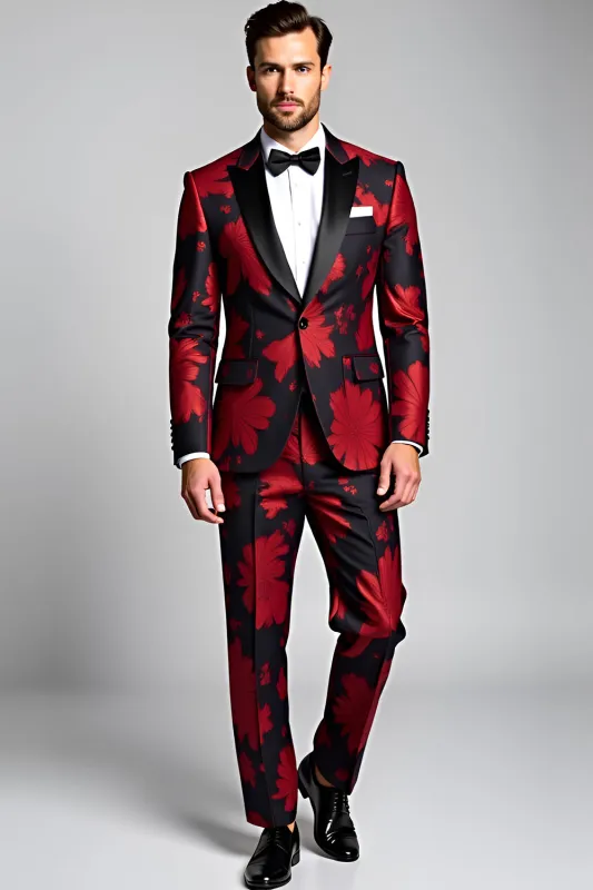 Peak Lapel Dark Red 2 Pieces Floral Printed Men's Suits sold by Zapaka
