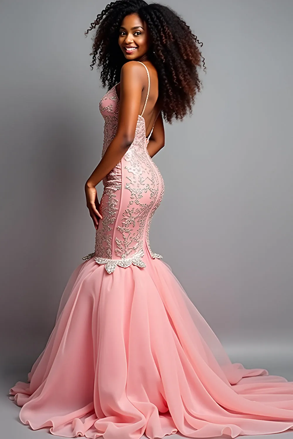 Blush Pink Mermaid Spaghetti Straps Tulle Long Prom Dress with Appliques sold by Zapaka product image thumbnail 3