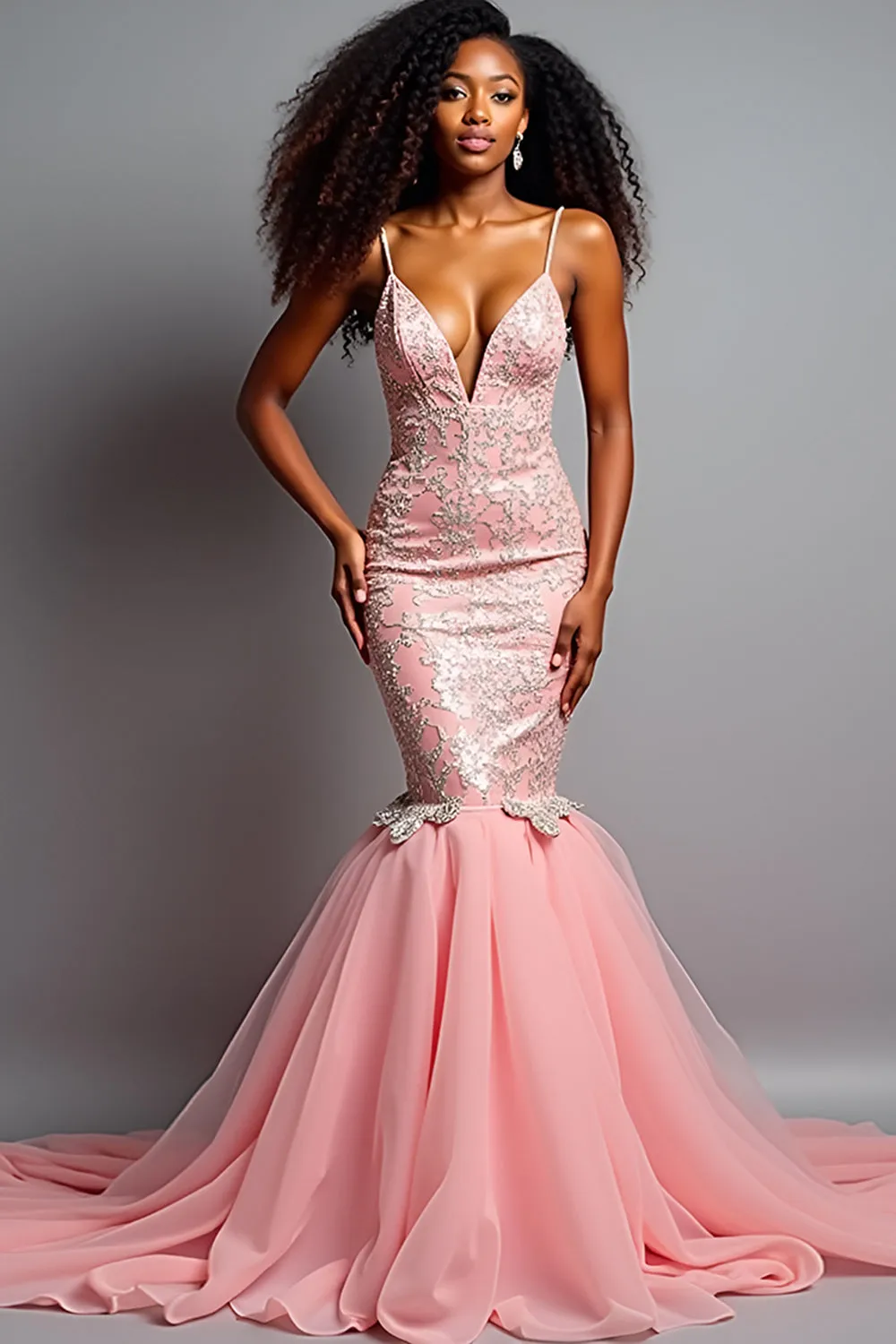 Blush Pink Mermaid Spaghetti Straps Tulle Long Prom Dress with Appliques sold by Zapaka