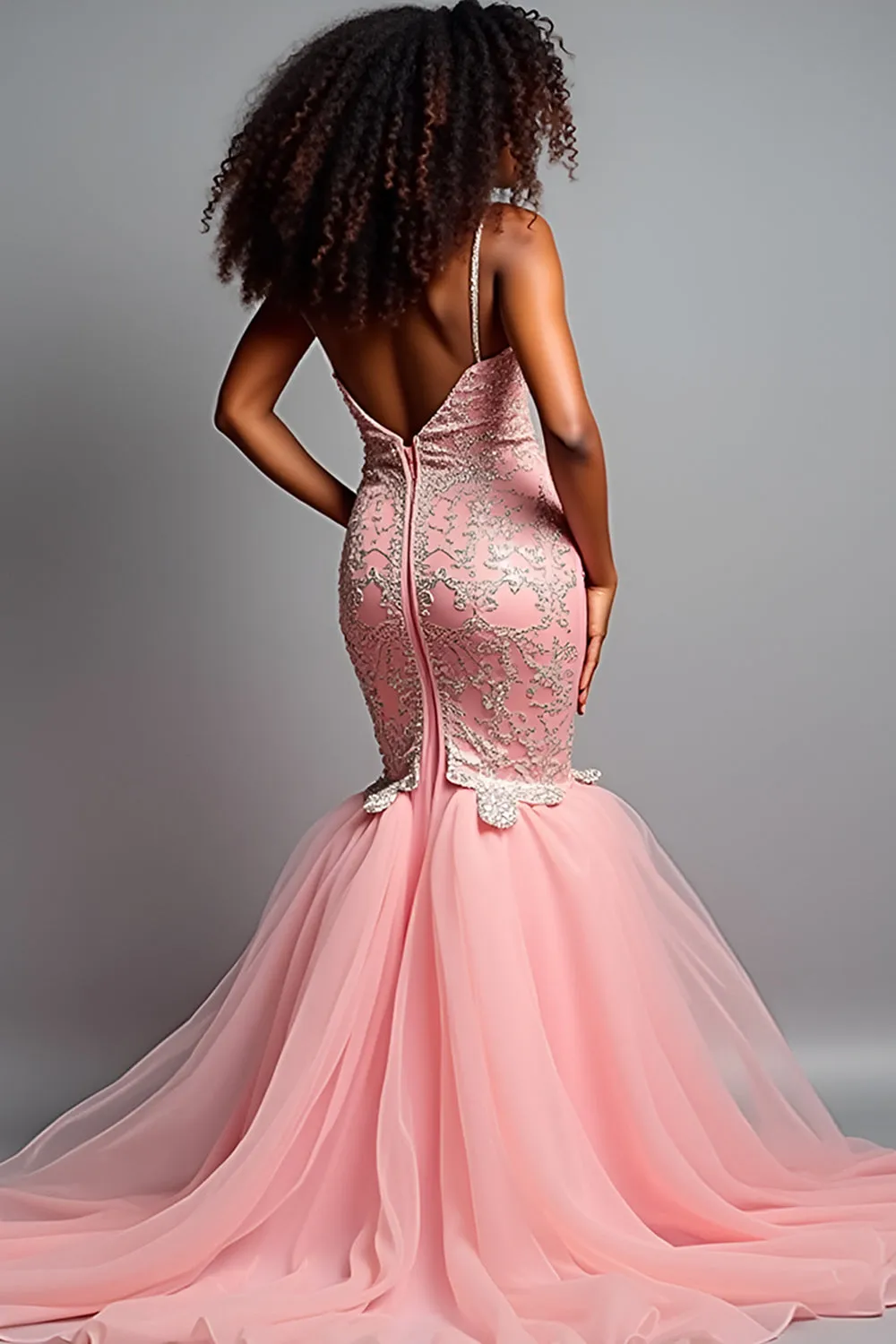 Blush Pink Mermaid Spaghetti Straps Tulle Long Prom Dress with Appliques sold by Zapaka product image thumbnail 2