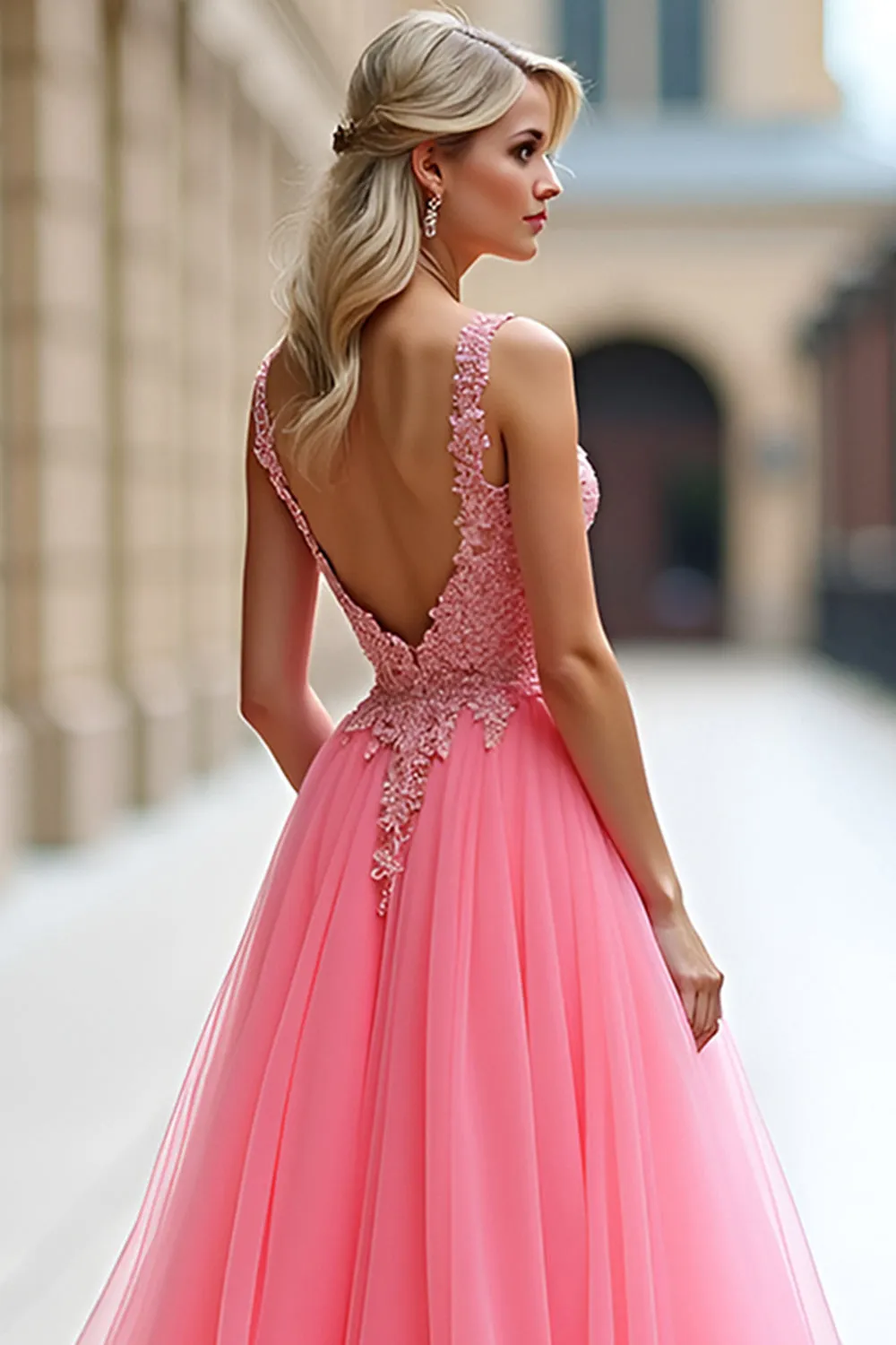 Pink Deep V Neck Tulle Prom Dress with Appliques sold by Zapaka product image thumbnail 4