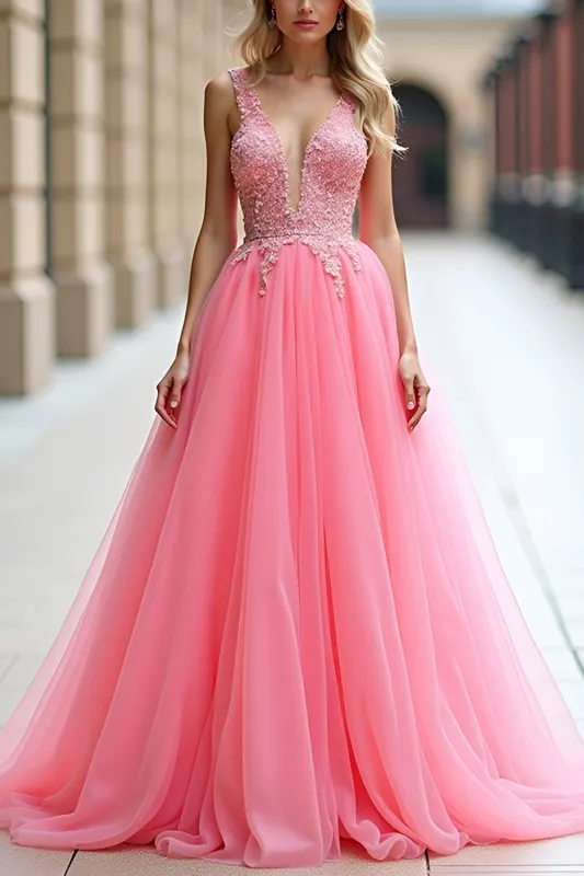 Pink Deep V Neck Tulle Prom Dress with Appliques sold by Zapaka