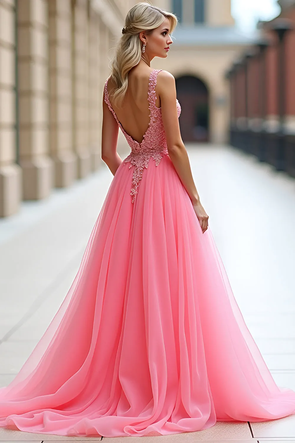 Pink Deep V Neck Tulle Prom Dress with Appliques sold by Zapaka product image thumbnail 2