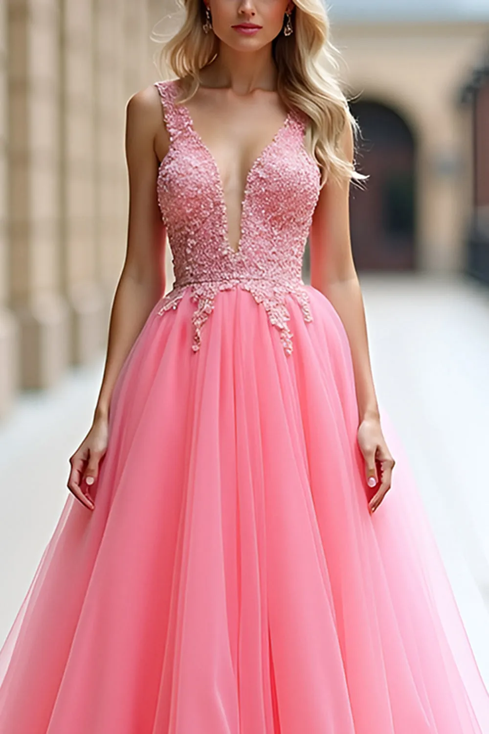 Pink Deep V Neck Tulle Prom Dress with Appliques sold by Zapaka product image thumbnail 3