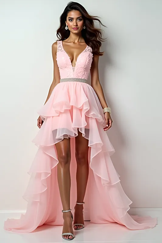 Blush Pink A-Line Deep V Neck Ruffles Hi-Low Prom Dress made by Zapaka