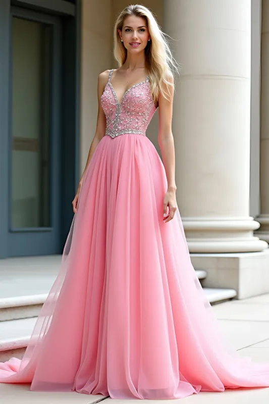 Pink A-Line Spaghetti Straps Tulle Long Prom Dress with Beading sold by Zapaka