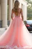 Glitter Blush Pink A-Line Deep V Tulle Appliques Long Prom Dress with Slit sold by Zapaka