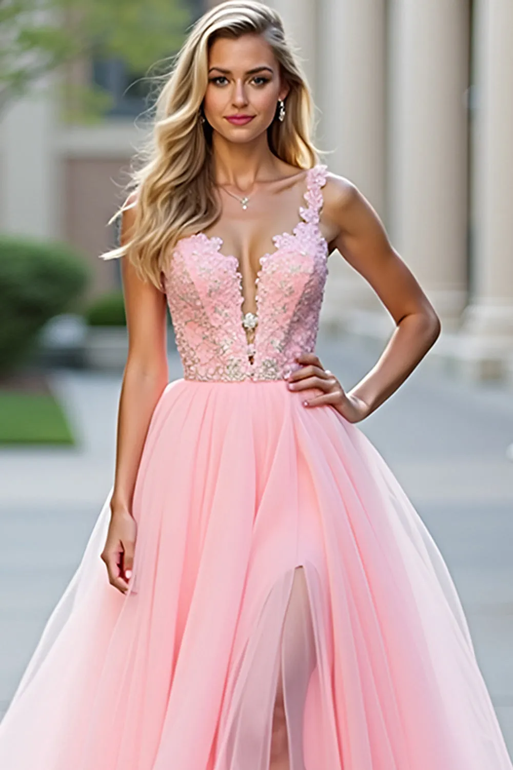 Glitter Blush Pink A-Line Deep V Tulle Appliques Long Prom Dress with Slit sold by Zapaka product image thumbnail 4