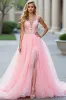 Glitter Blush Pink A-Line Deep V Tulle Appliques Long Prom Dress with Slit sold by Zapaka