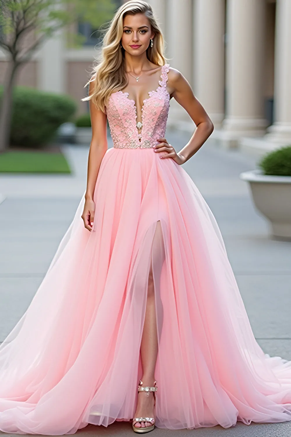 Glitter Blush Pink A-Line Deep V Tulle Appliques Long Prom Dress with Slit sold by Zapaka
