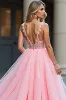 Glitter Blush Pink A-Line Deep V Tulle Appliques Long Prom Dress with Slit sold by Zapaka