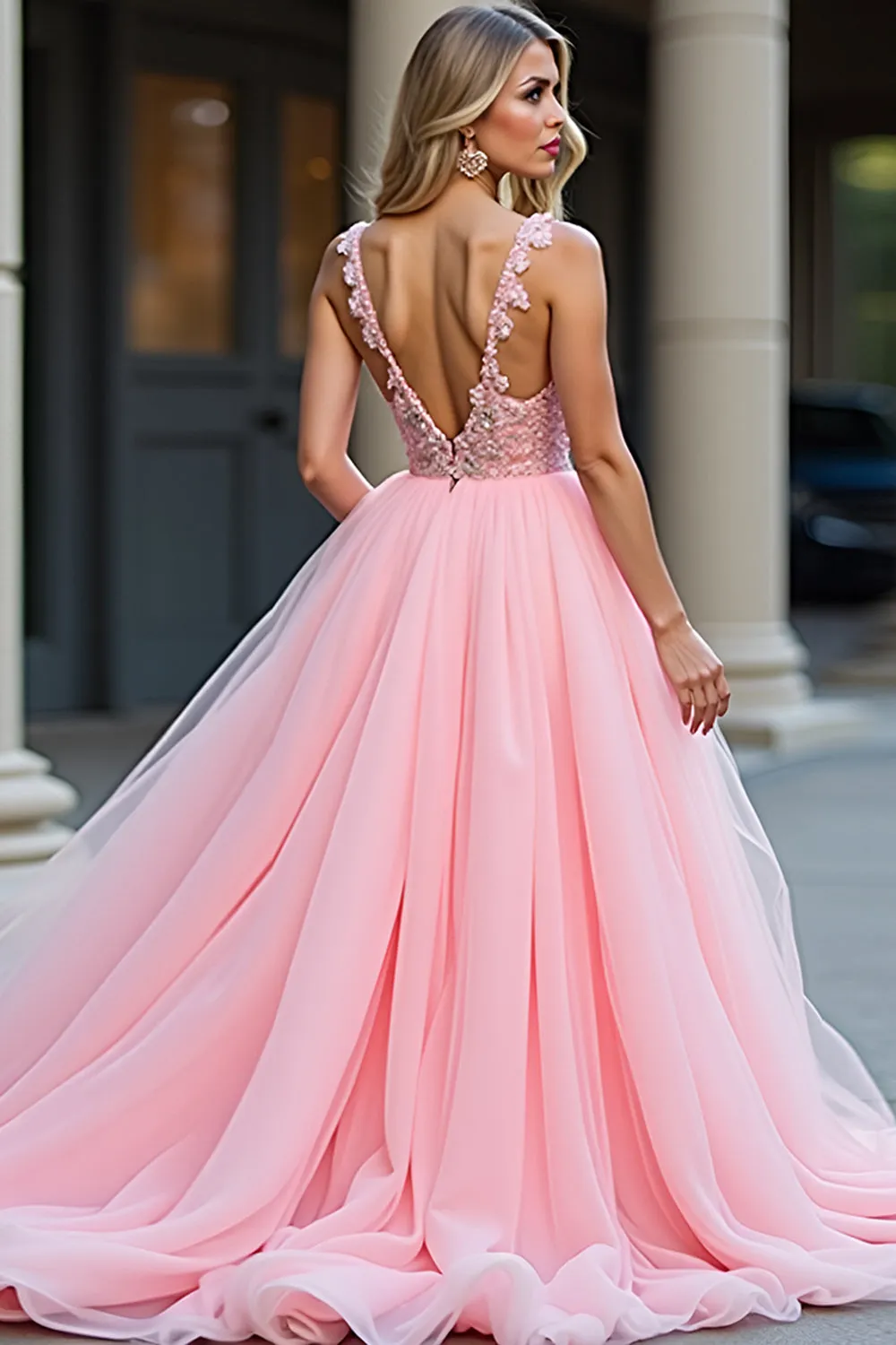 Glitter Blush Pink A-Line Deep V Tulle Appliques Long Prom Dress with Slit sold by Zapaka product image thumbnail 2