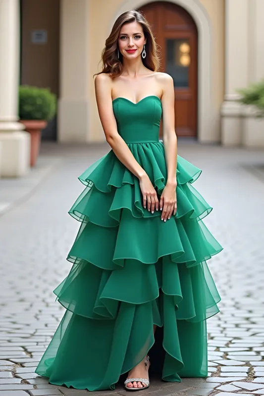 Dark Green Strapless A-Line Ruffles Tulle Long Prom Dress sold by Zapaka