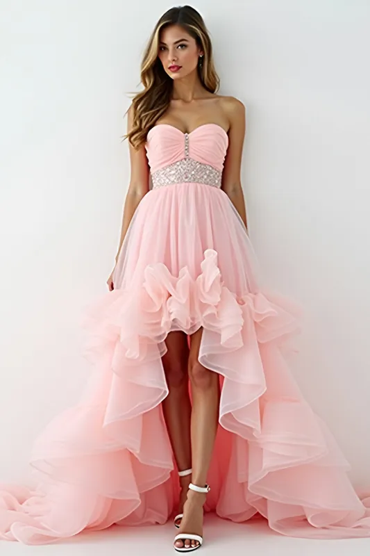 Glitter Blush Pink A-Line Strapless Ruffles High-Low Ruched Prom Dress with Beading made by Zapaka