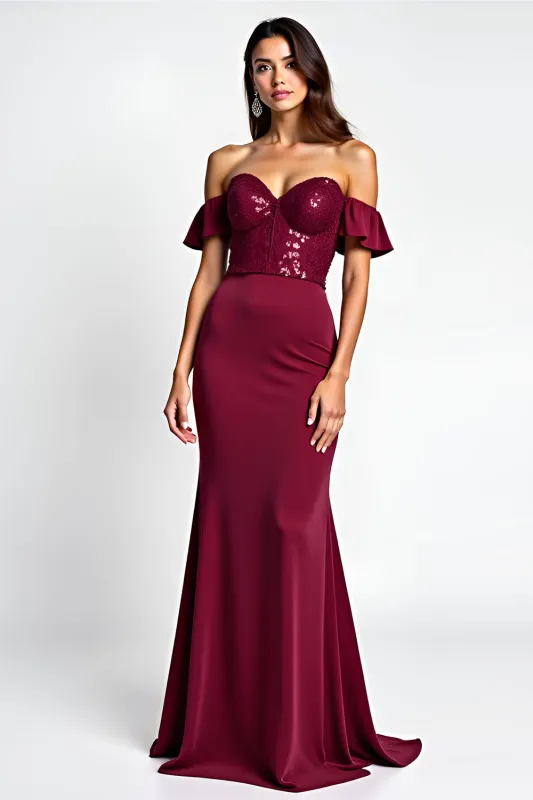 Burgundy Glitter Mermaid Off the Shoulder Long Prom Dress with Sequins sold by Zapaka