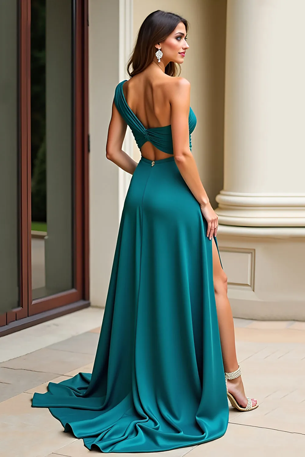 Peacock Green A Line One Shoulder Ruched Long Prom Dress With Slit sold by Zapaka product image thumbnail 2