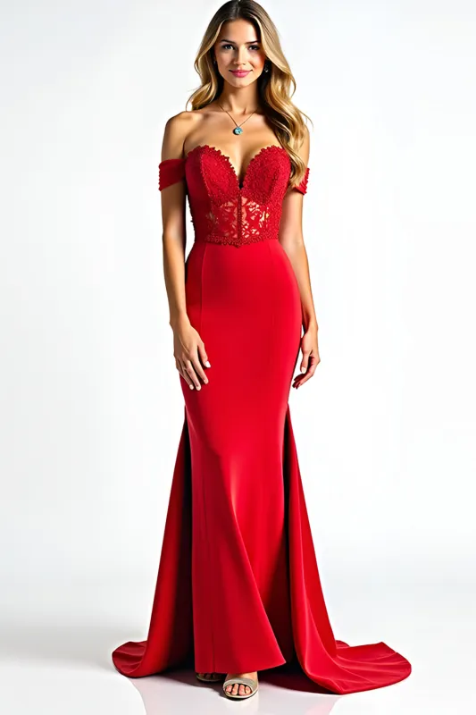 Red Mermaid Off The Shoulder Corset Long Prom Dress With Lace sold by Zapaka