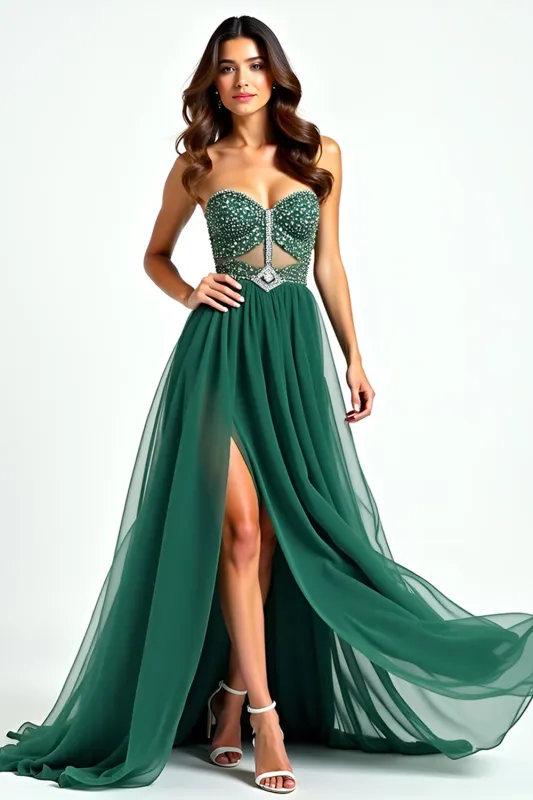 Sparkly Dark Green A Line Sequin Sweetheart Long Prom Dress With Slit sold by Zapaka