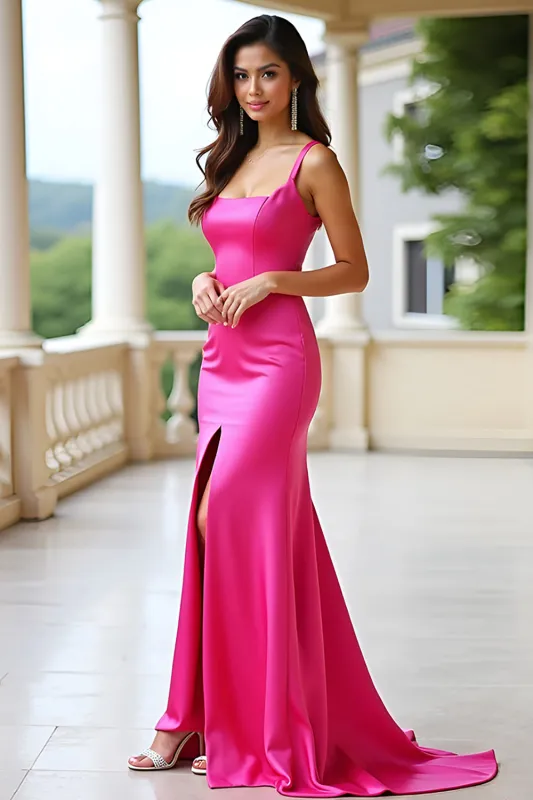 Fuchsia Square Neck Mermaid Long Prom Dress with Slit sold by Zapaka