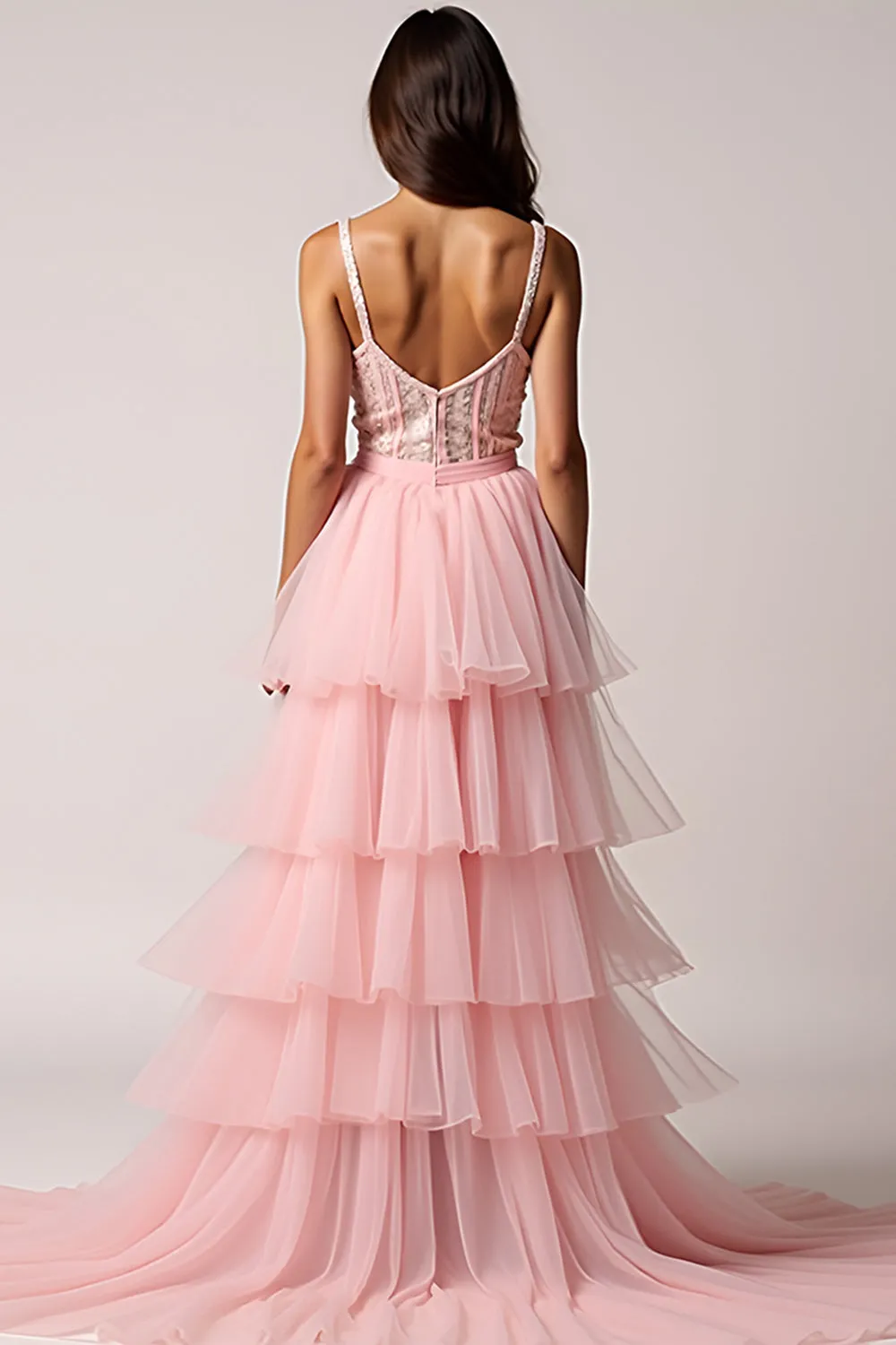 Blush Pink A-Line Spaghetti Straps Ruffles Pleated Tulle High-Low Prom Dress sold by Zapaka product image thumbnail 2
