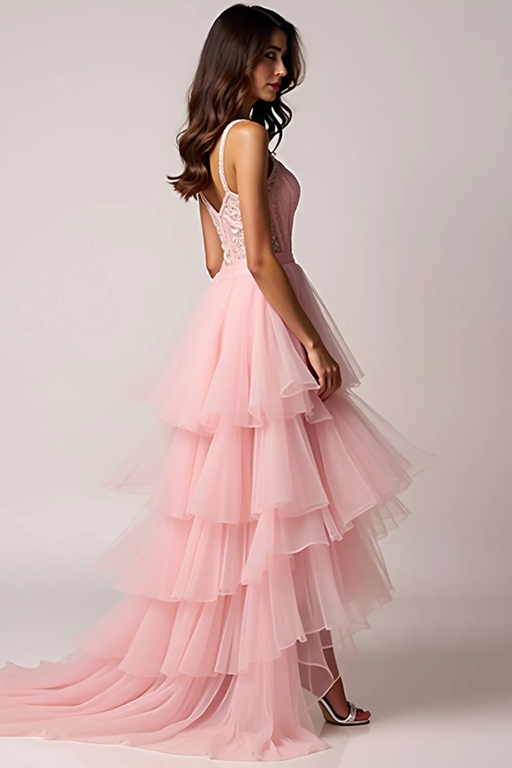 Blush Pink A-Line Spaghetti Straps Ruffles Pleated Tulle High-Low Prom Dress sold by Zapaka product image thumbnail 3